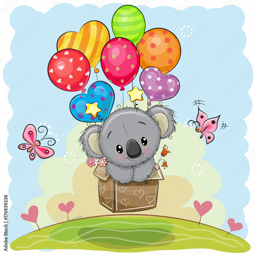 Naklejka premium Śliczna kreskówka koala z balonami