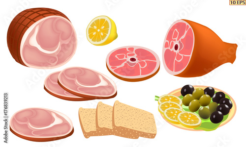 The slices of ham. Ham isolated on white background. Sliced ham with rice and vegetables on the plate. Lunch closeup. Vector illustration.