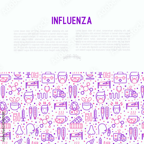 Influenza concept with thin line icons of symptoms and treatments: runny nose, headache, pain in throat, temperature, pills, medicine. Vector illustration for banner, web page, print media. © AlexBlogoodf