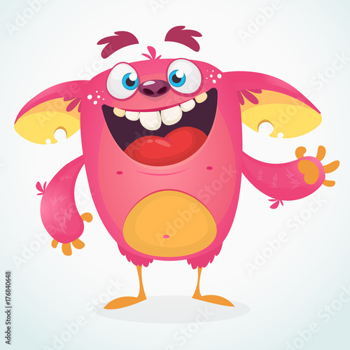 Happy cartoon monster. Halloween pink furry monster vector illustration