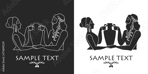 Ancient Greece girl and bearded man carrying an amphora. Silhouette