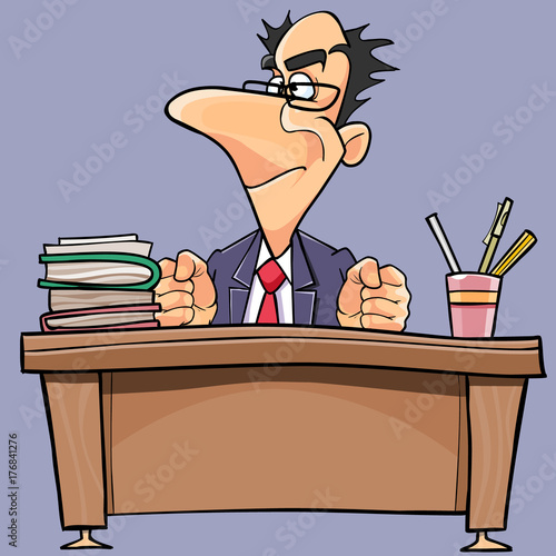 cartoon man in suit and tie is working behind a table