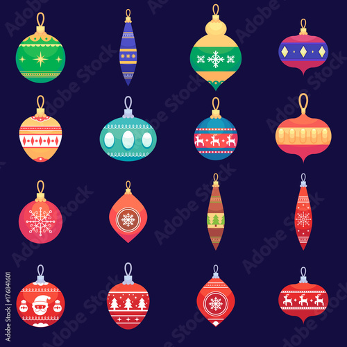 Christmas tree toys new year xmas balls set Vector colorful illustration in flat style