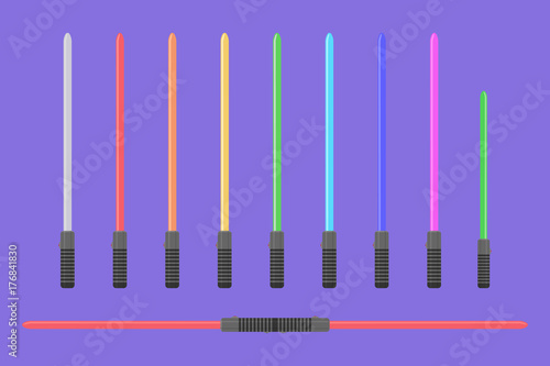 Set of flat light sabers. Collection of futuristic swords photo