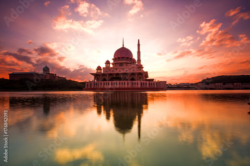 scenery of sunset at Public mosque,Putrajaya,Malaysia. Soft focus,motion blur due to long exposure. visible noise due to high iso