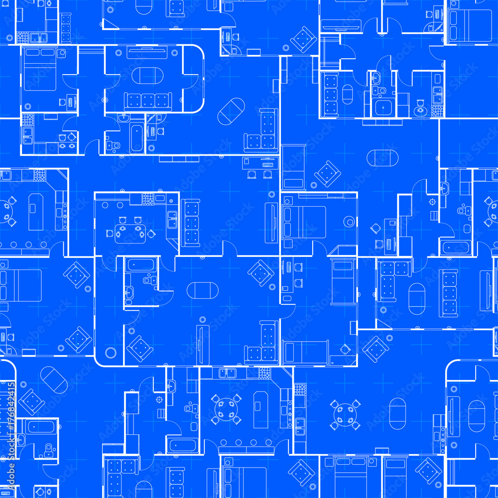 White house floor plan with interior on construction blueprint scheme, seamless pattern