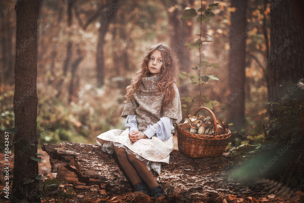 A beautiful little girl is sitting on an old log in a dense forest. The child sits on an old deck, next to it there is a full basket of mushrooms. Tinting photos. - obrazy, fototapety, plakaty 