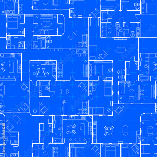White house floor plan with interior on construction blueprint scheme, seamless pattern
