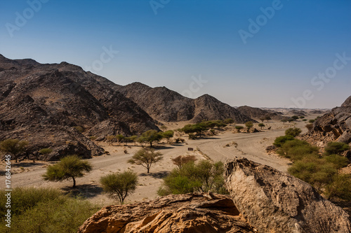 A panoramic landscape of Wadi Massal, Riyadh Province, Saudi Arabia