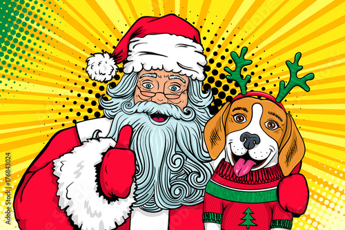 Wow pop art couple. Santa Claus with open mouth hugs dog funny surprised beagle in a sweater and deer horns andand shows thumb up. Vector Christmas illustration in retro comic style. New Year poster.