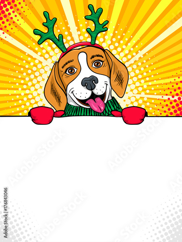 Wow pop art dog face. Funny cute surprised beagle with tongue in a sweater and deer horns aholding a banner in his hands. Vector Christmas illustration in retro comic style. New Year party invitation.