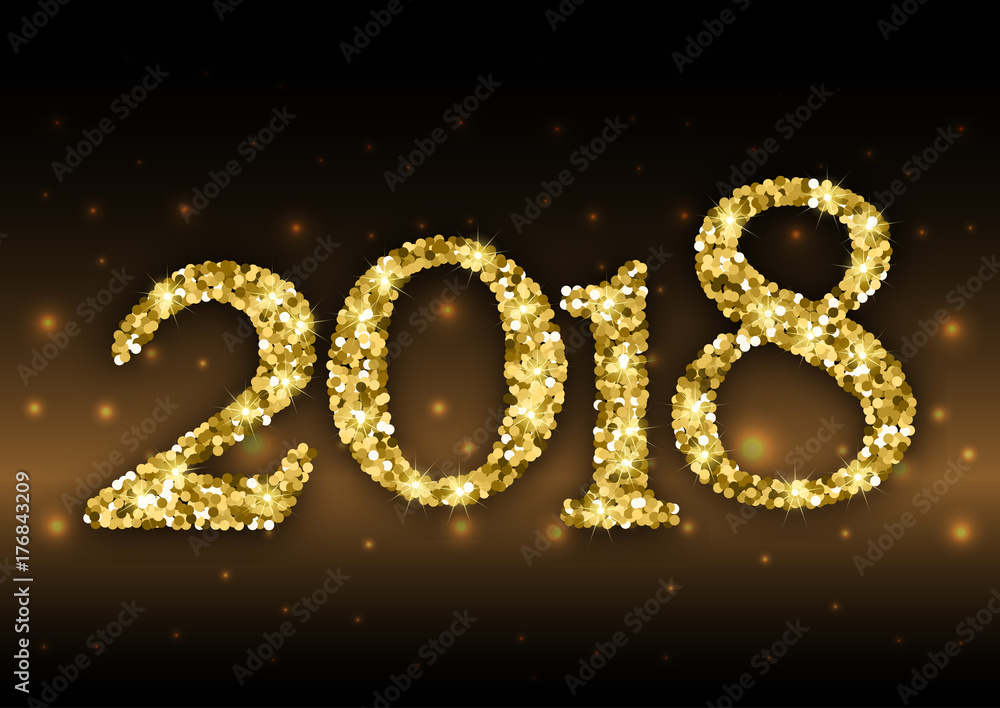 Happy New Year 2018 with numbers from golden glitter with sparkles on black background with fireflies. Vector illustration Happy New Year 2018 with numbers from golden glitter with sparkles on black background with fireflies. Vector illustration