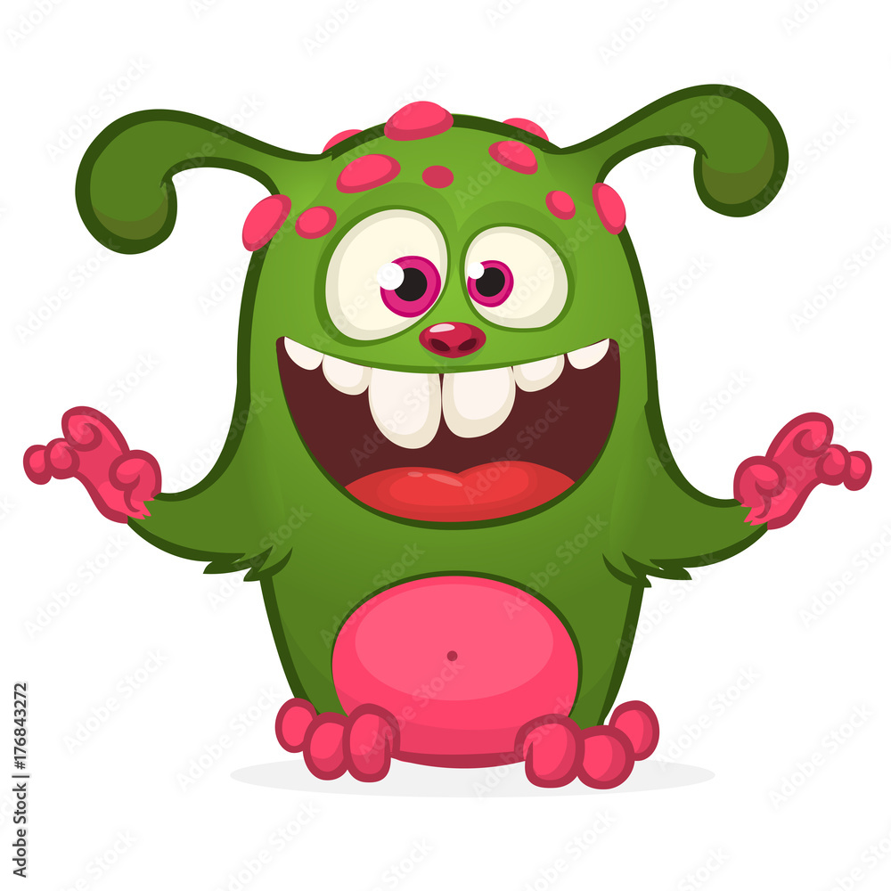 Obraz premium Cartoon laughing green monster. Vector illustration of green monster isolated. Halloween design