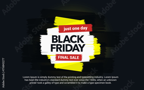 Black Friday sale inscription. Abstract ink blots on a black background. Brush strokes. Great discounts. Black Friday template for your banner or poster. Sale and discount. Vector illustration