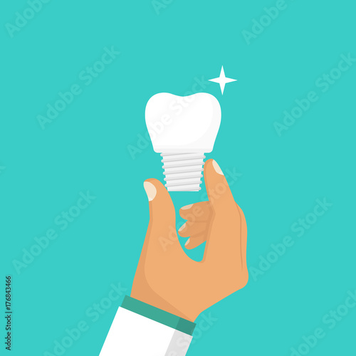 Dental implant in hand dentist. Dentures medical equipment. Tooth treatment. Vector illustration flat design. Isolated on background. Stomatology care for teeth. Whitening, prosthetics.
