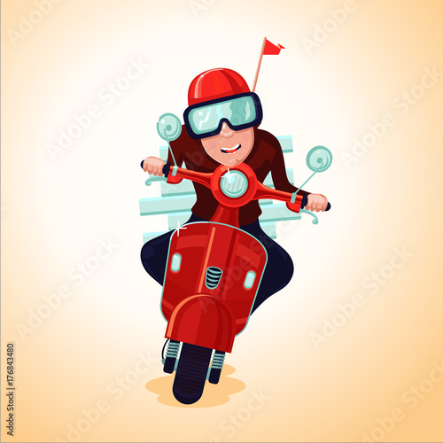 Courier on a motor scooter. Quick pizza delivery. Man on a red bike