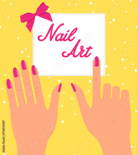 Woman hand with pink fingernails on silver background. Gift cert