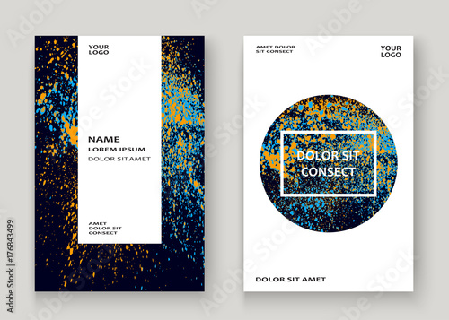 Neon explosion paint splatter artistic cover frame design. Decorative yellow splash spray texture blue dark background. Trendy template vector Cover Report Catalog Brochure Flyer Poster Banner photo