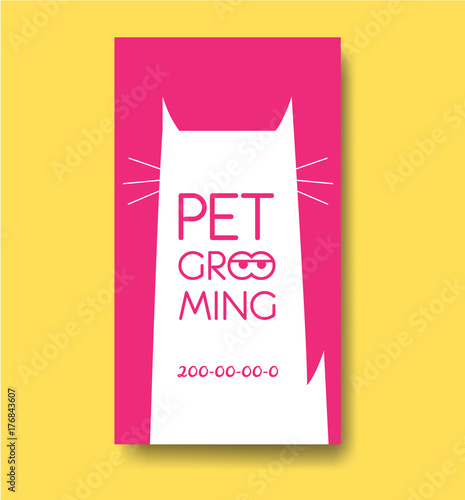 Pet grooming label and business card design template with cat si