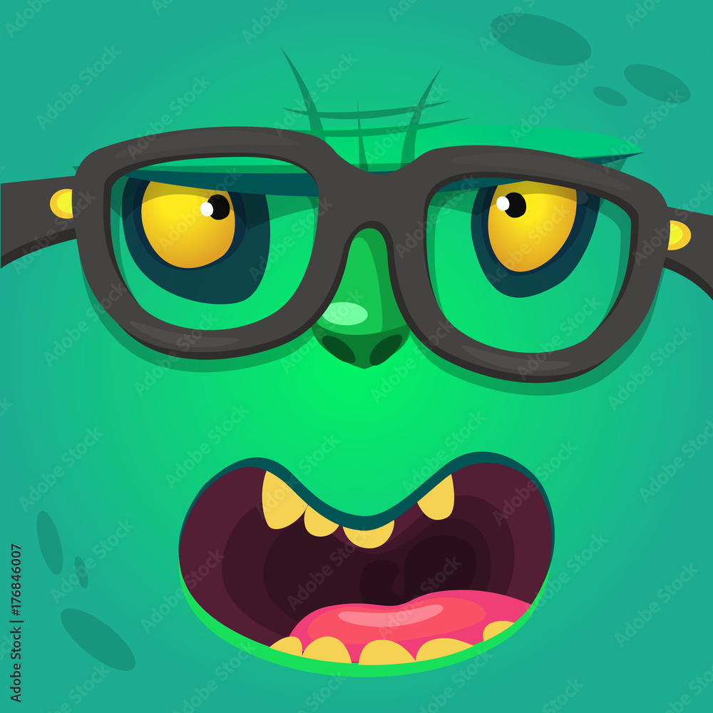 Cartoon smart zombie wearing glasses. Vector illustration of furry green monster