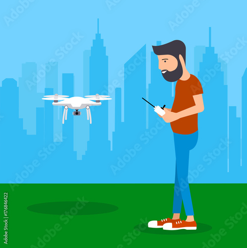 Man starts the drone flat style a vector illustration.
