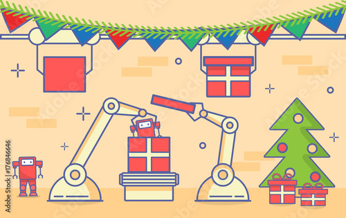 Christmas and New Year's the conveyor belt with the mechanical hands automated the robot pack gifts.A festive fir-tree with toys and gift boxes with ribbon.Production line factory. Robotic arm flat 