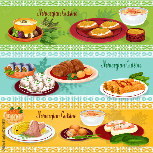 Norwegian cuisine seafood lunch banner set