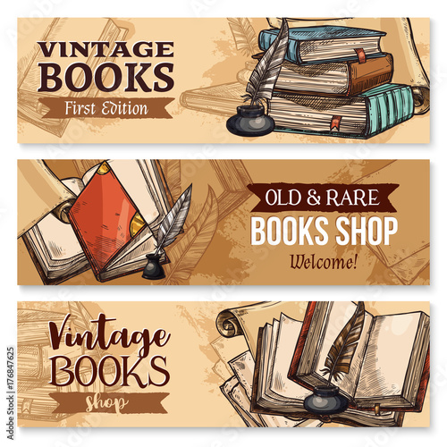 Old book with feather pen and inkwell banner set