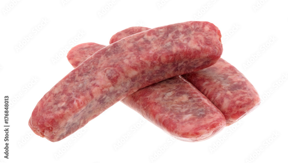 Three mild bratwurst sausages isolated on a white background. Three mild bratwurst sausages isolated on a white background.