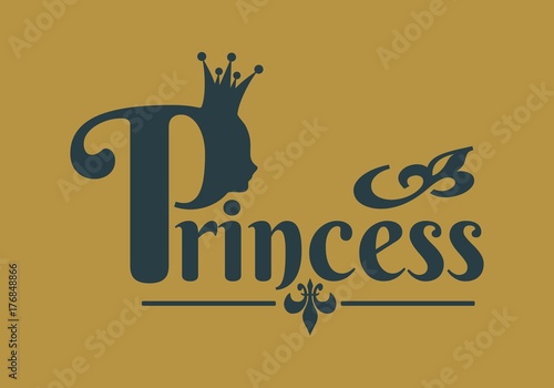 Vintage queen silhouette. Medieval queen profile. Elegant outline silhouette of a female head. Fashion shop or hair saloon emblem design. Royal emblem with P letter and princess word