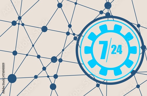 Time operation mode in gear. Infinity arrow icon. For customer support and retail. Seven days twenty four hour. Molecule and communication style background. Connected lines with dots.