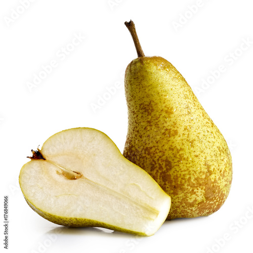 Konstfotografi Single abate fetel pear next to a half of pear isolated on white.