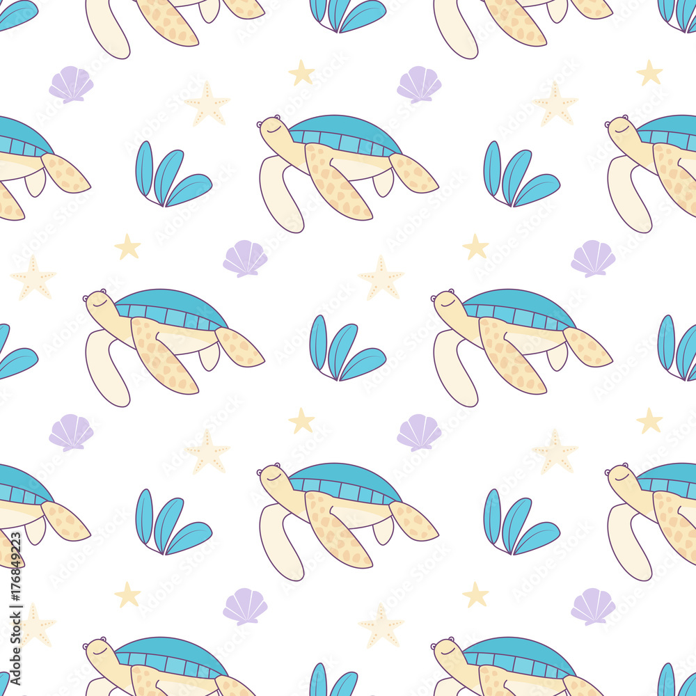 Obraz premium Hand drawn cartoon turtles seamless vector pattern