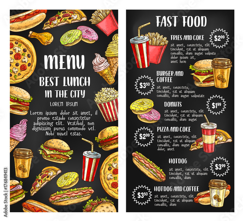 Fast food restaurant menu banner on chalkboard