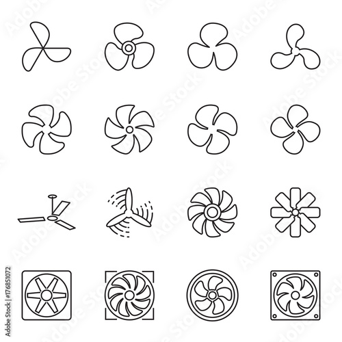 Fan icons. Collection of 16 linear symbols isolated on a white background. Vector illustration. Editable stroke photo