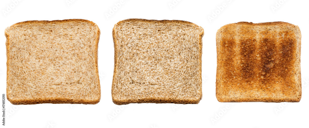 Set of three slices of toasted bread isolated on white background. Close up. Top view Set of three slices of toasted bread isolated on white background. Close up. Top view