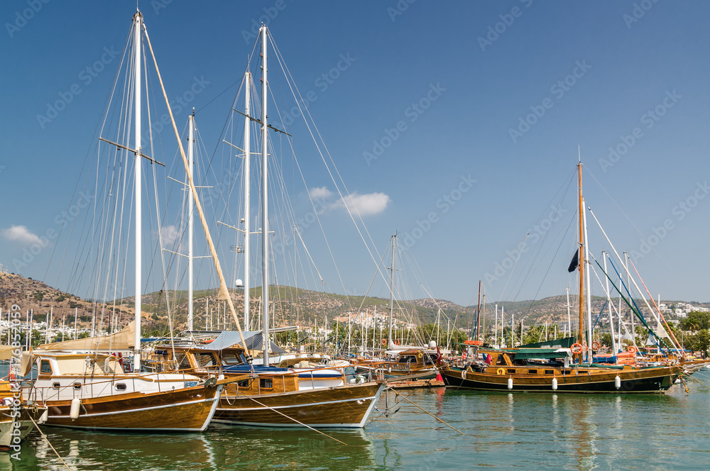 Beautiful yahts in Bodrum marina bay, Mugla province, Turkey.