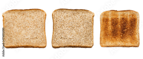 Set of three slices of toasted bread isolated on white background. Close up. Top view