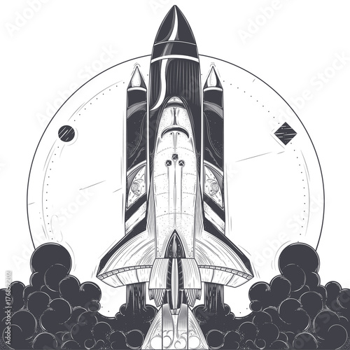 Space shuttle take-off with fire and smoke exhaust from engines engraved vector illustration on white background. Modern spacecraft launch, reusable spaceship with carrier rocket start print or tattoo