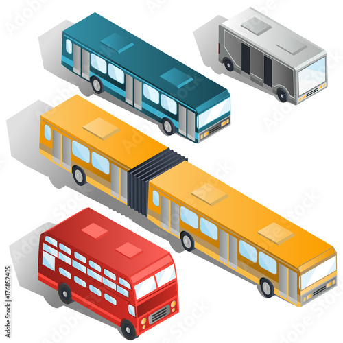 Set of various passenger city buses isometric projection vector illustrations isolated on white background. Coach, double-decker, articulated and van buses collection. Modern public urban transport