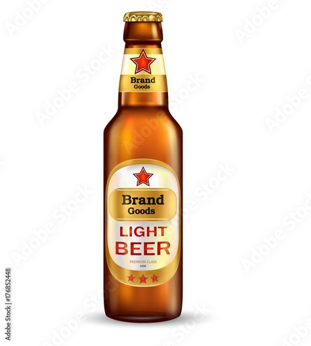 Branded with label brown bottle of premium light beer realistic vector illustration isolated on white background. Traditional low alcohol drink tare template for product mock-up or advertising design