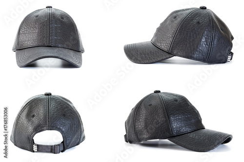 Canvas Print Collection of black leather baseball caps isolated on white background, concepts of beauty, fashion and sport object
