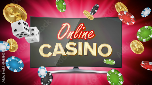 Online Casino Vector. Banner With Computer Monitor. Online Poker Gambling Casino Banner Sign. Bright Chips, Dollar Coins, Banknotes. Illustration photo