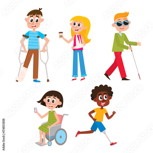 People with injuries and disabilities - wheelchair, blindness, broken arm and leg, prosthesis, cartoon, comic vector illustration isolated on white background. People with traumas and disabilities