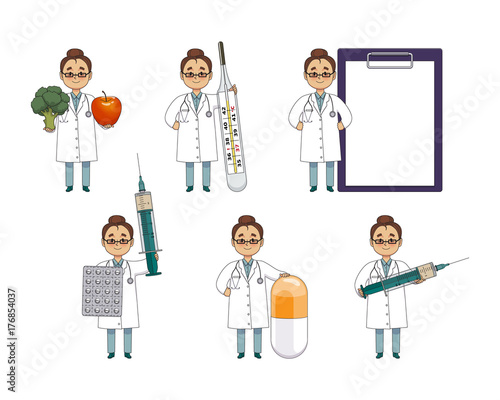 Funny woman doctor with giant syringe, pill, thermometer, medical card, apple, broccoli, flat vector illustration isolated on white background. Flat style set of woman doctor with huge medical objects