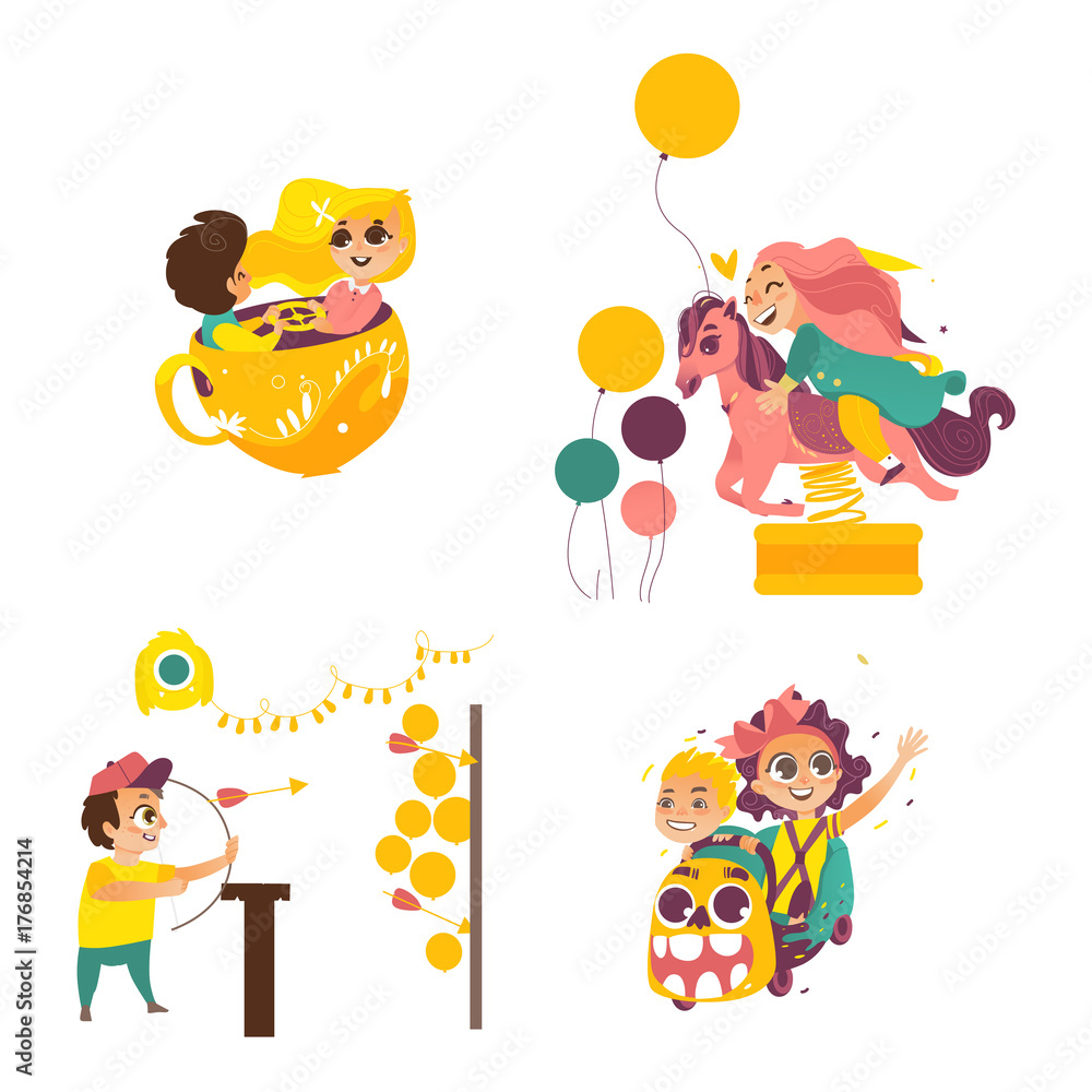 vector flat amusement park. Boy with bow, arrows in Shooting gallery, kid spinning at tea cup, girl at merry go round horse carousel, kids at roller coaster. Isolated illustration on white background.