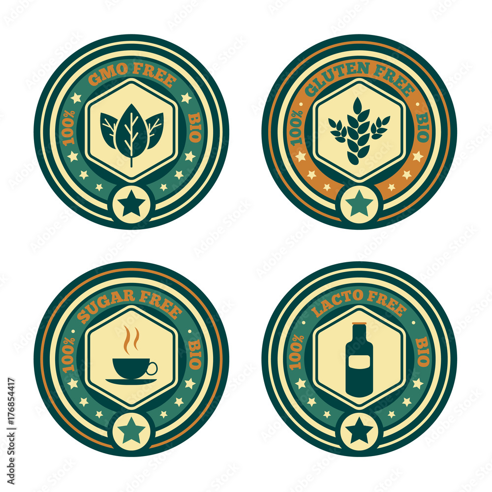 Set of vintage retro food stamps icons stickers or signs for healthy natural organic product bio eco concept - labels lactose,GMO,gluten,sugar free for restaurant cafe menu,market shop business etc.