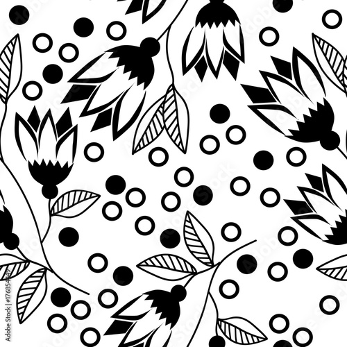 Seamless pattern with black abstract flower on the black background