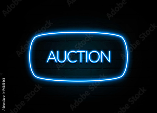 Auction - colorful Neon Sign on brickwall