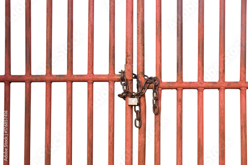 Orange Cage door with chain and lock isolate on white background